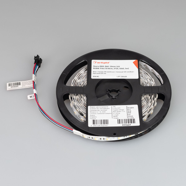 Лента DMX-B60-10mm 24V RGBW-PX6 (18 W/m, IP20, 5060, 5m), Arlight 033449. Цена указана за 5 метров. Продается кратно 5 метрам.