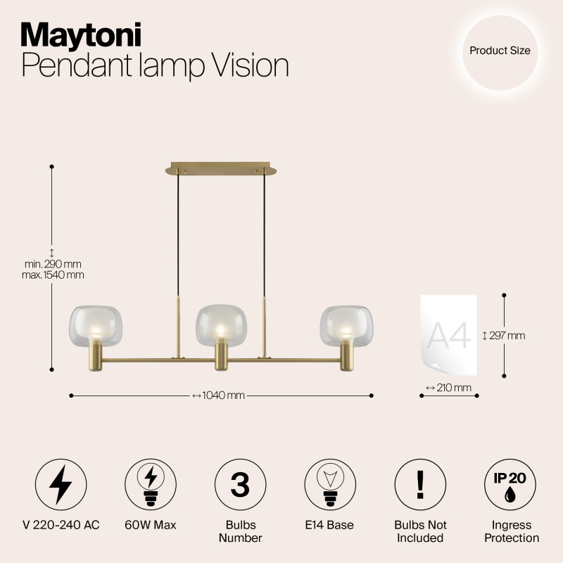 Светильник 104 см, Maytoni Vision MOD411PL-03G, золото