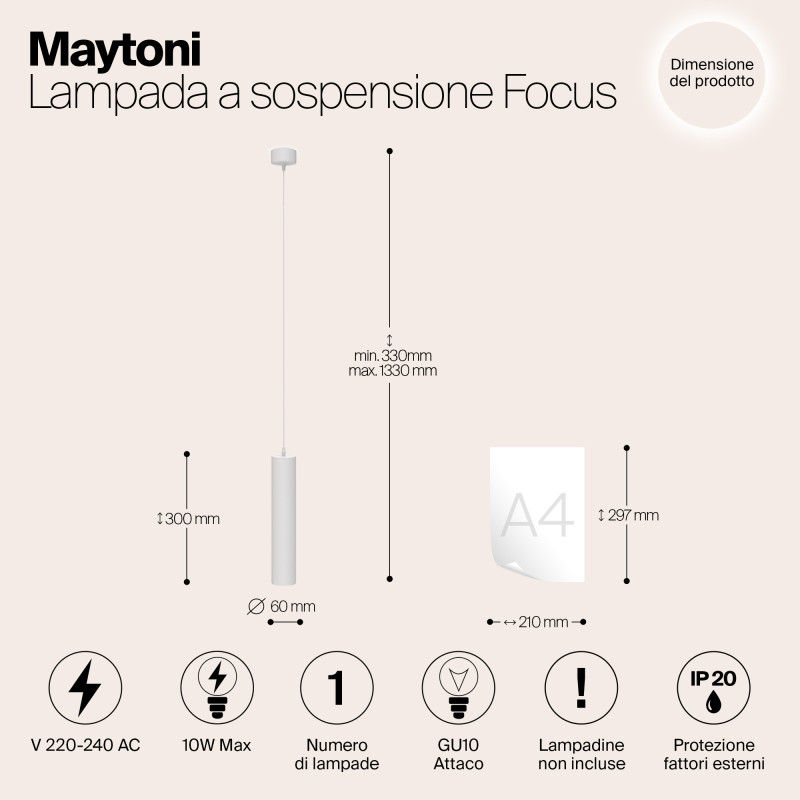 Подвесной светильник 6*33-133 см, GU10, 1-2 м2 Maytoni Technical Focus P075PL-01W белый