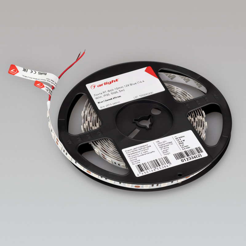 Лента RT-B60-10mm 12V Blue (14.4 W/m, IP20, 5m) (Arlight, Открытый) 012336(3). Цена указана за 5 метров. Продается кратно 5 метрам.