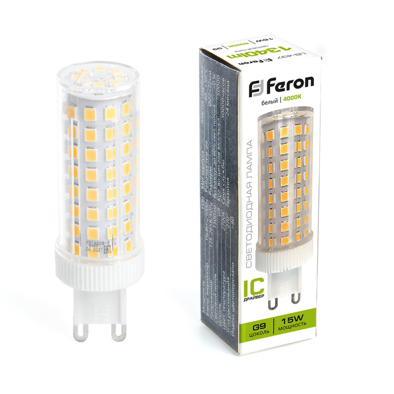 Лампа светодиодная G9, 15W, 4000K, 1340 Lm, 230V JCD, LB-437 Feron 38213