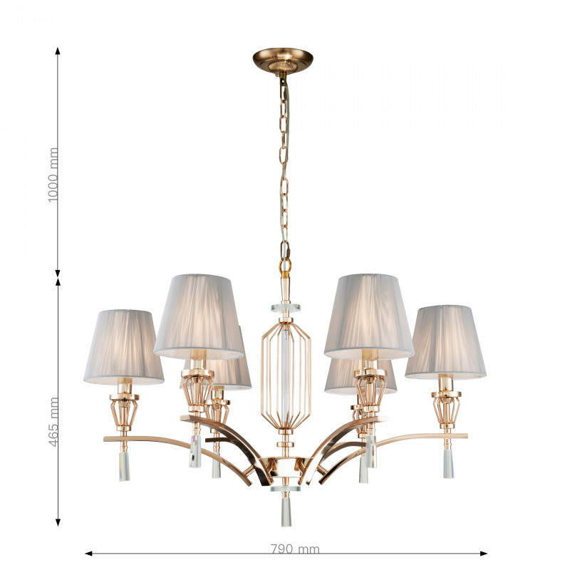 Подвесная люстра Favourite Sade 2690-6P, D790*H465/1465, золотой гальваники, абажуры из серой нити, декоративные элементы выполнены из прозрачного стекла