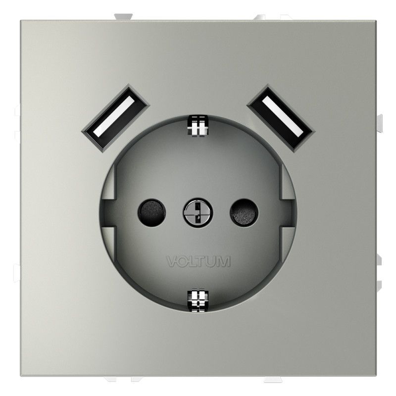 Розетка встраиваемая Voltum S70 с заземлением и защитными шторками, 16А, с USB, A+A, сталь пластик Soft touch VLS040405