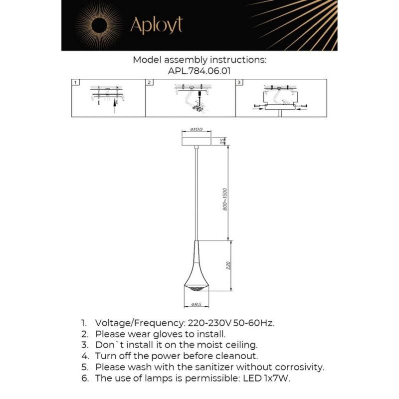Подвесной светильник 8,5*25-180 см, 1*LED, 7W, 3000K, Aployt Agas APL.784.06.01, черный