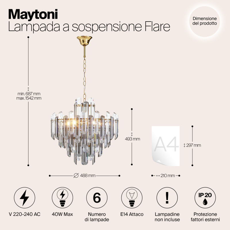 Подвесной светильник Maytoni Diamant Crystal Flare DIA200PL-06G, диаметр 49 см, золото