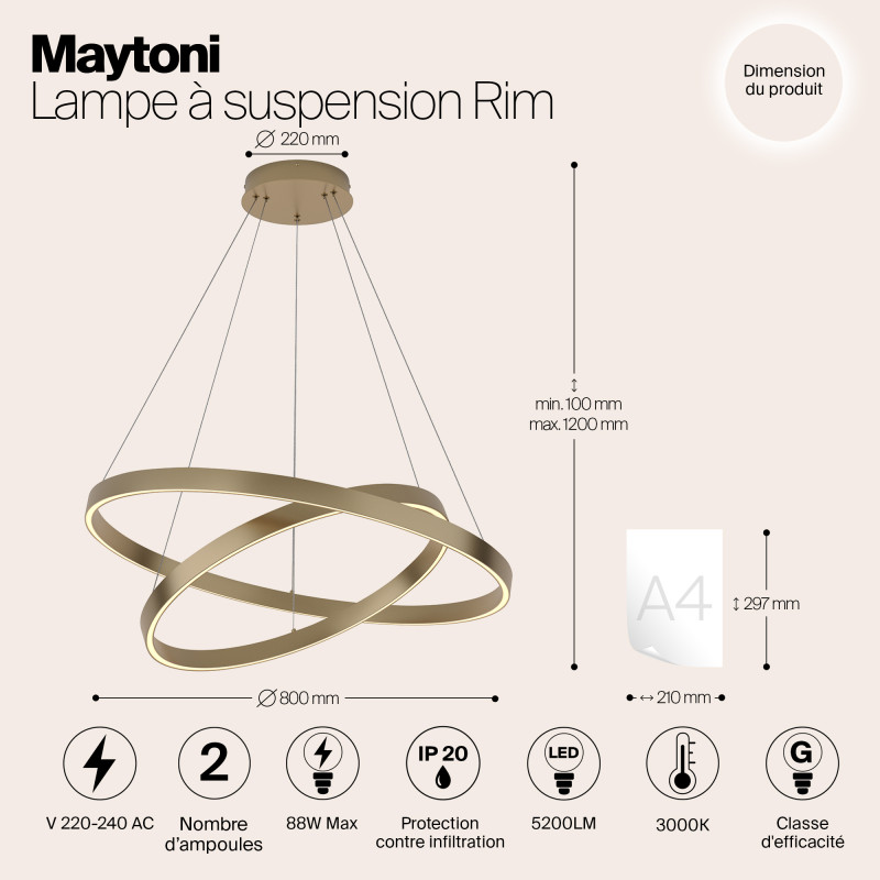 Светильник 80 см, 88W, 4000K Maytoni Rim MOD058PL-L74BS4K, латунь