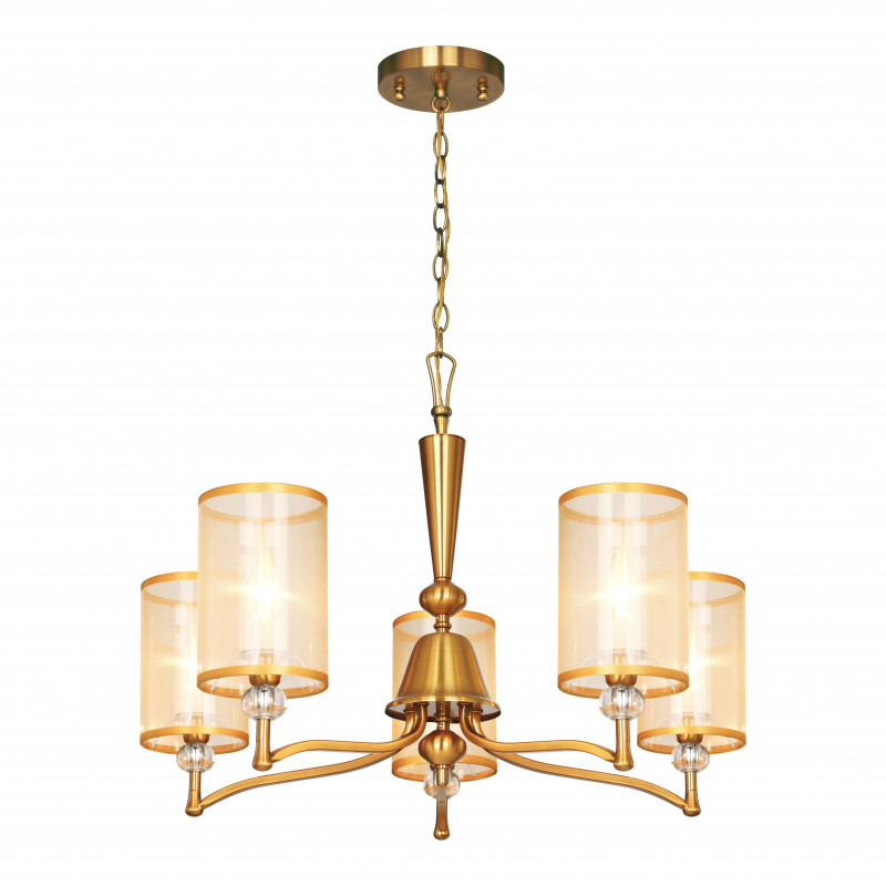 Подвесная люстра Favourite Laguna 2697-5P, D680*H500/1125, античной латуни, абажуры из органзы цвета шампанского, декоративные элементы из прозрачного стекла, люстру можно монтировать как плафонам