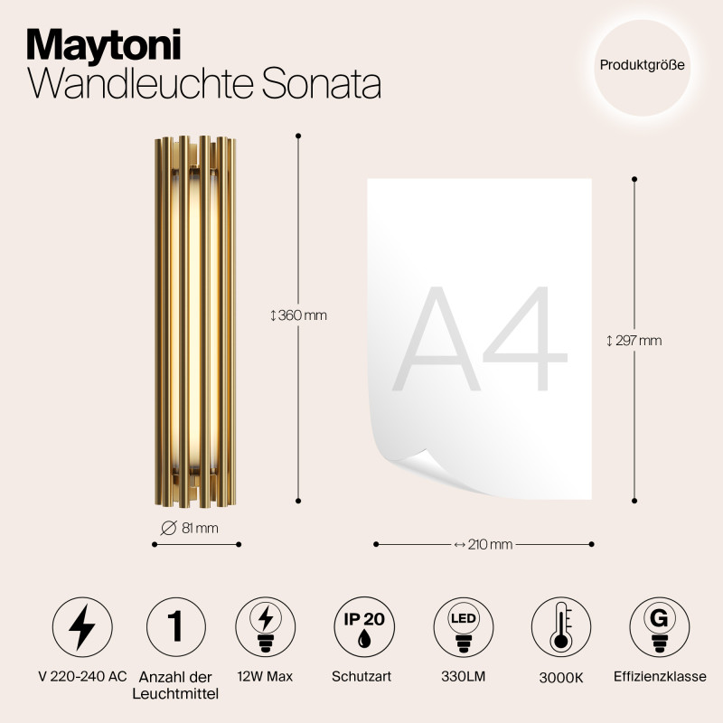 Светодиодный светильник 36 см, 12W, 3000K, Maytoni Sonata MOD410WL-L12BS3K, латунь