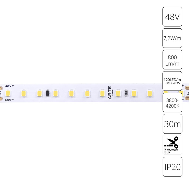 Светодиодная лента 48V 9,6W/m 24000lm, 4000К, IP20 Arte Lamp TAPE A4812010-04-4K, цена за катушку 30 метров