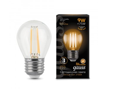 105802109 Лампа Gauss Filament Шар 9W 680lm 2700К Е27 LED 1/10/50