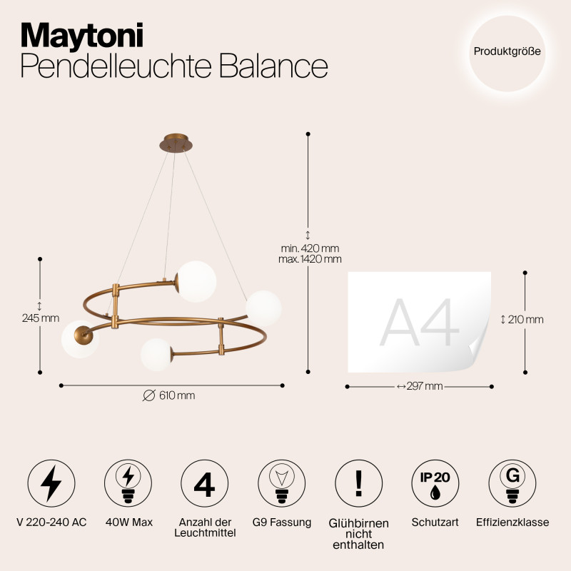 Светильник 61 см, Maytoni Balance MOD317PL-04G, золото