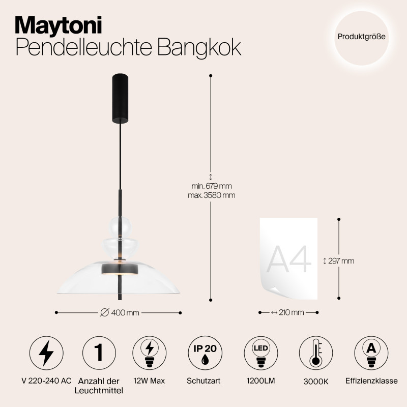 Подвесной светильник  40*67,9 см, LED 1 12W, 3000К, Черный Maytoni Bangkok MOD185PL-L6B3K3