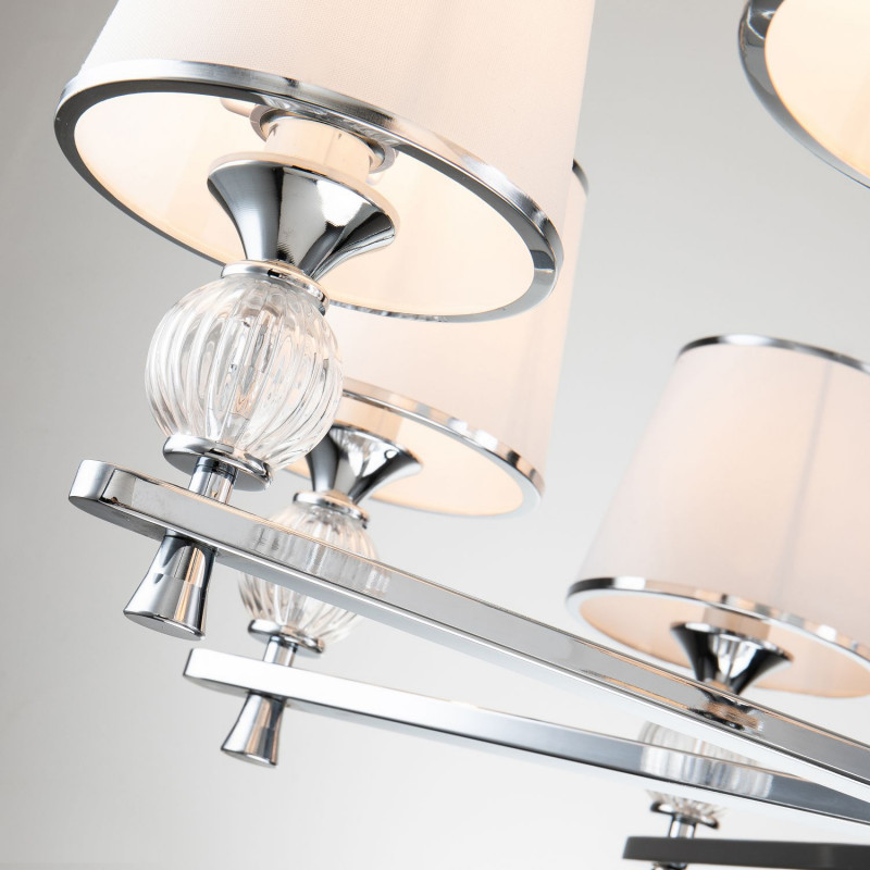 Подвесная люстра Favourite Aureola 2873-12P, D965*H650/1650, хром, плафоны из белой ткани с серебристыми лентами, декоративные элементы из прозрачного стекла