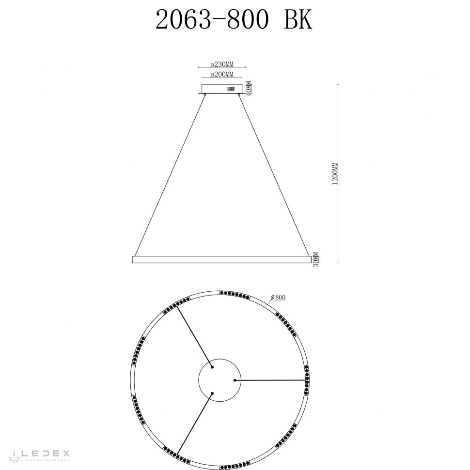 Подвесной светильник 80-120 см, LED*43W, 4000K, iLedex Vision 2063-D800 BK, Черный