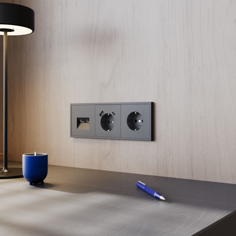 Розетка встраиваемая Voltum S70 с заземлением и защитными шторками, 16А, с USB, A+С, графит пластик Soft touch VLS040507