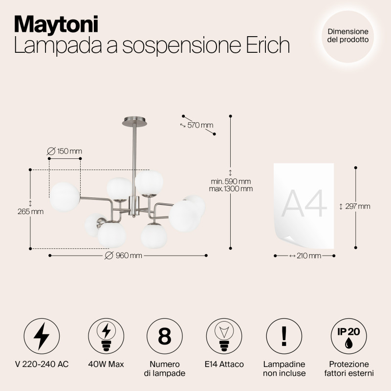 Подвесная люстра Maytoni Erich MOD221-PL-08-N, диаметр 96 см, матовый никель