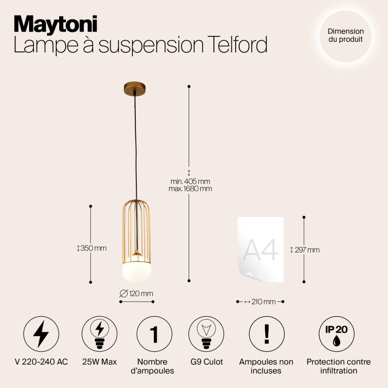 Подвесной светильник Maytoni Telford P361PL-01G, золото, диаметр 12 см