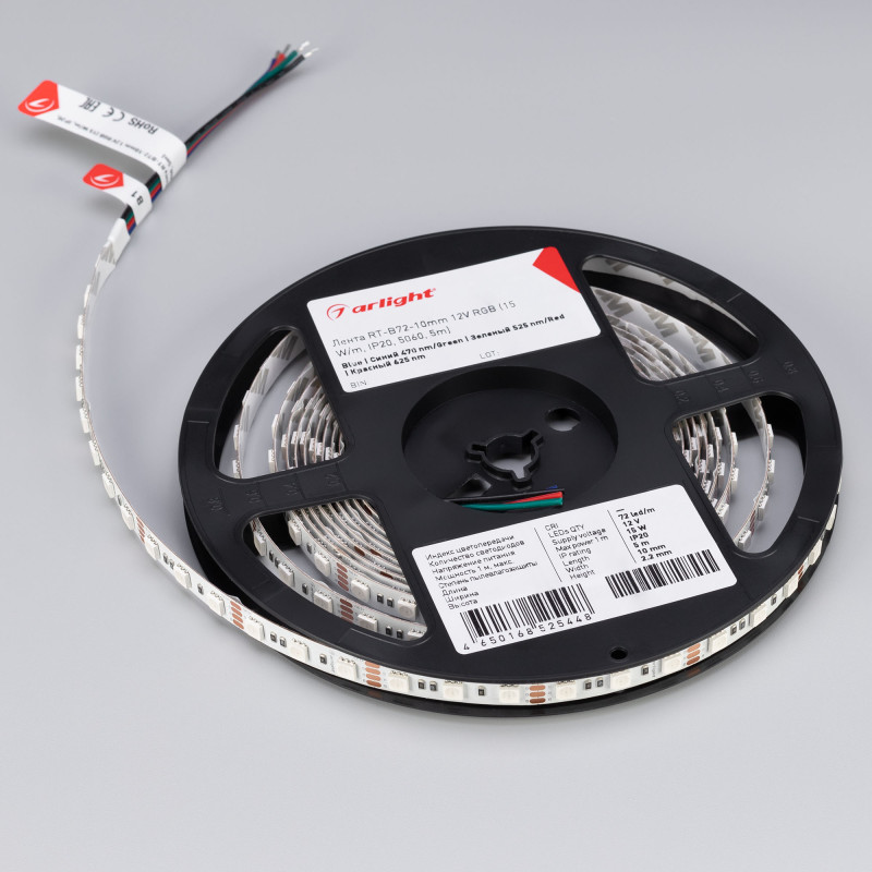Лента RT-B72-10mm 12V RGB (15 W/m, IP20, 5060, 5m) (Arlight, 15 Вт/м, IP20) 016246(2). Цена указана за 5 метров. Продается кратно 5 метрам.