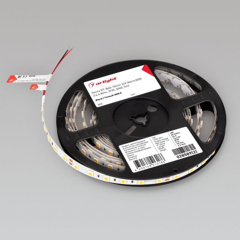 Лента RT-B60-10mm 24V Warm3000 (14.4 W/m, IP20, 5m) (Arlight, Открытый) 028589(3). Цена указана за 5 метров. Продается кратно 5 метрам.