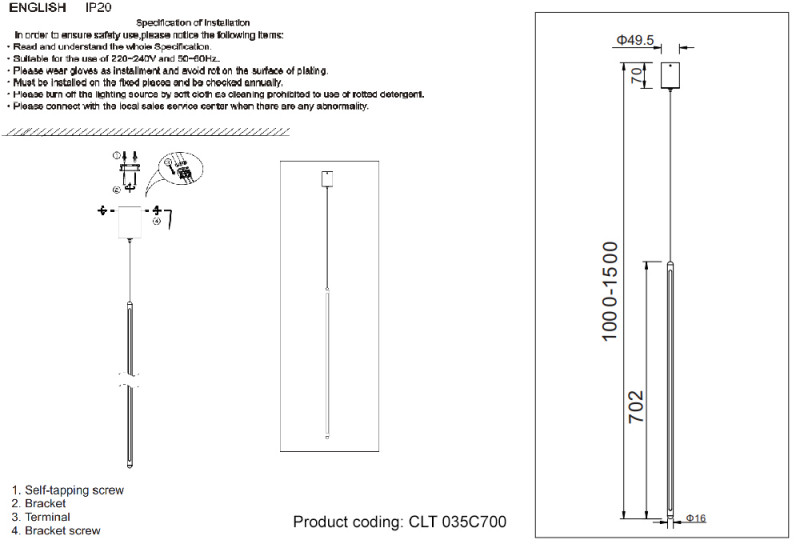 Светильник подвесной 5 см, 10W, 3000K, Crystal Lux CLT 035C700 BL Черный