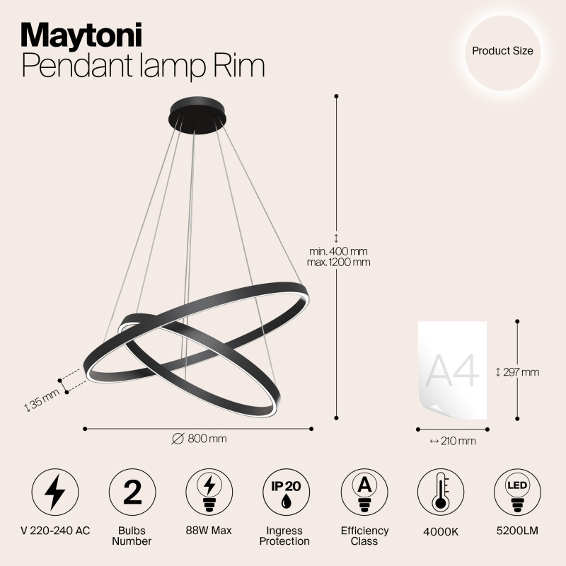 Светильник 80 см, 88W, 4000K Maytoni Rim MOD058PL-L74B4K, черный