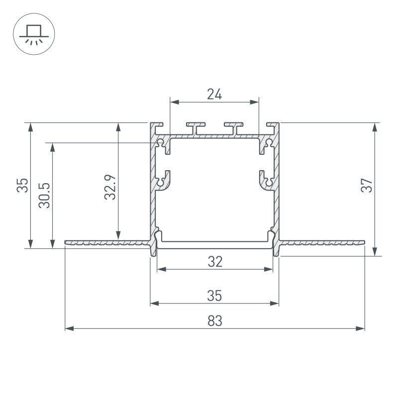 Профиль Arlight 036225 300*8,3*3,5 см. Цена указана за 3 метра. Продается кратно 3 метрам.  экран отдельно