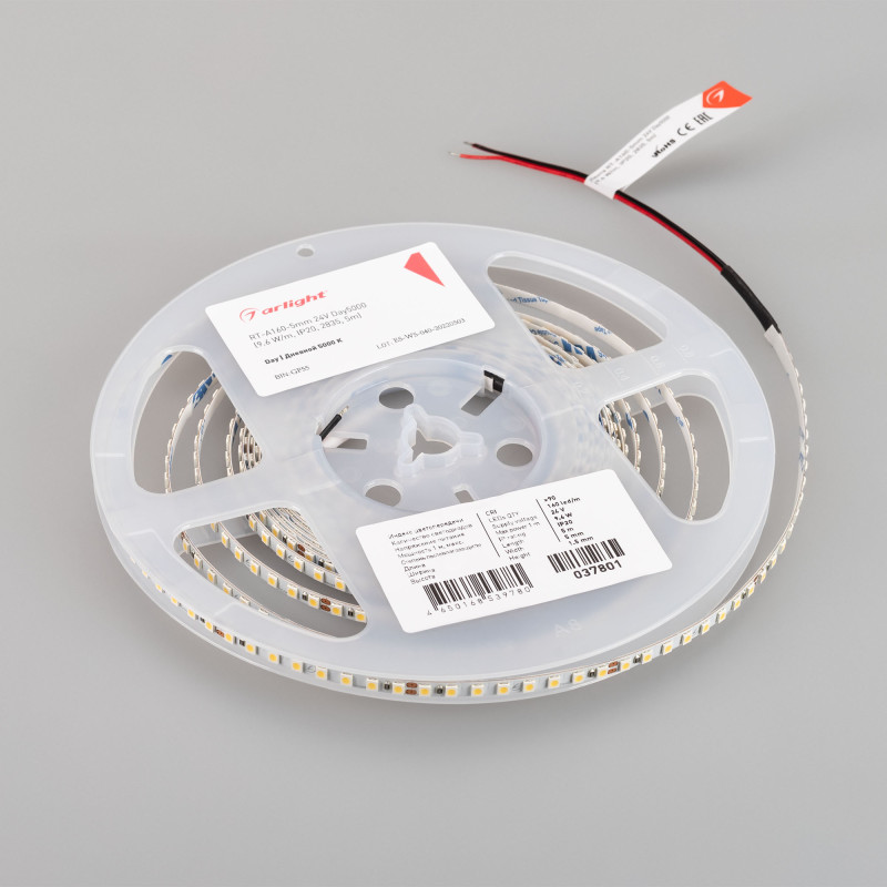 Лента RT-A160-5mm 24V Day5000 (9.6 W/m, IP20, 2835, 5m) (Arlight, Открытый) 037801. Цена указана за 5 метров. Продается кратно 5 метрам.