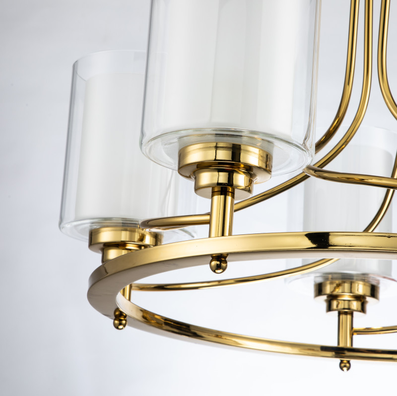 Подвесная люстра Favourite Plexus 2963-5P, D690*H500/1500, каркас золотого цвета, внутренние плафоны из белого стекла, внешние плафоны из прозрачного стекла