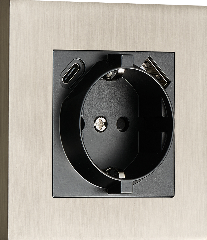 Donel N96 Розетка Schuko с зарядным устройством USB A+C, с защитными шторками, Никель, серия DT, DT155NB
