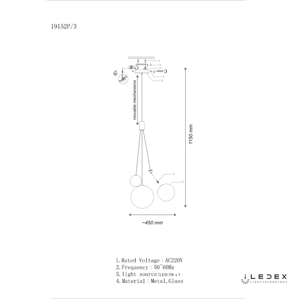 Подвесной светильник 15-115 см, LED*18W, 3000K, iLedex Selfie 19152P/3-6W-3000K CP, Серебро