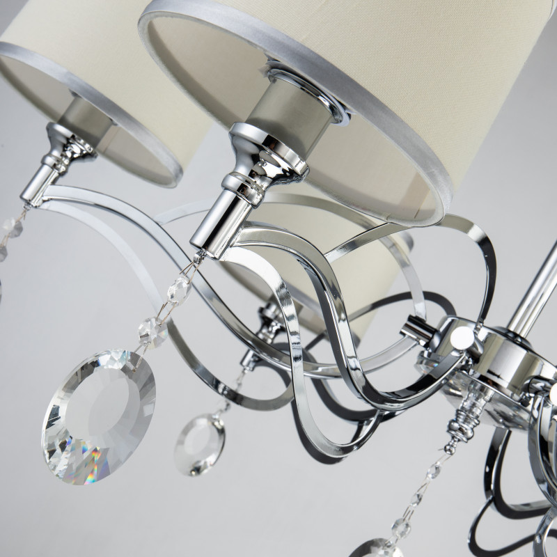 Подвесная люстра Favourite Semina 2707-6P, D840*H430/1430, хром, абажуры из белой ткани с серебряной тесьмой, декоративные элементы из прозрачного хрусталя