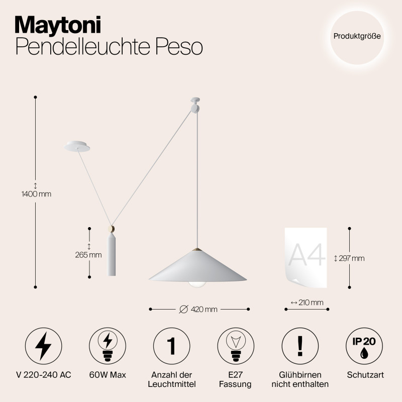 Светильник подвесной Maytoni Peso P080PL-01W, белый