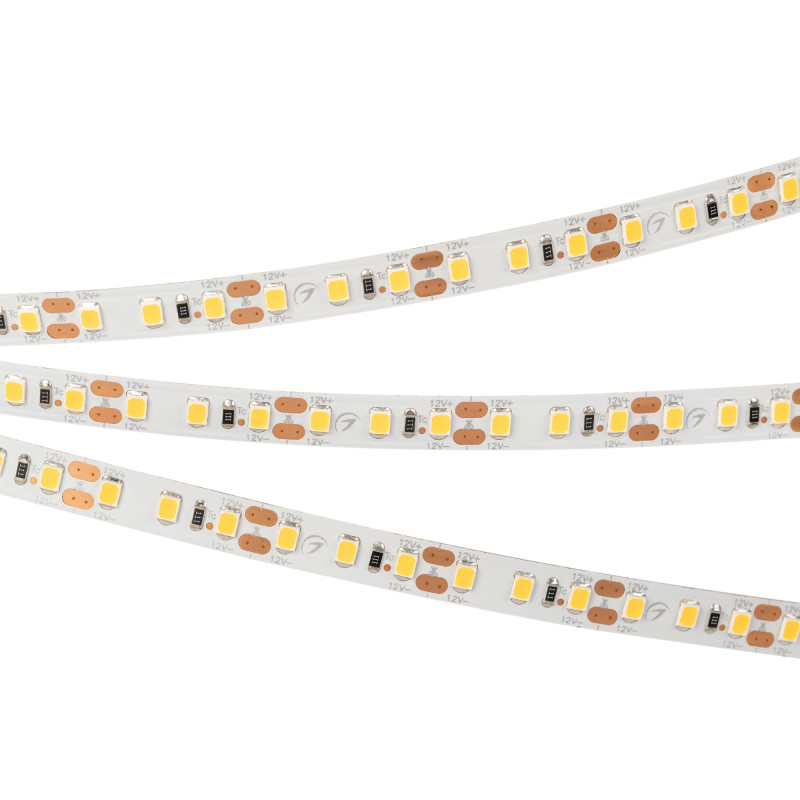 Лента RT-A120-8mm 12V Warm3500 (9.6 W/m, IP20, 2835, 5m) (Arlight, Открытый) 034446. Цена указана за 5 метров. Продается кратно 5 метрам.
