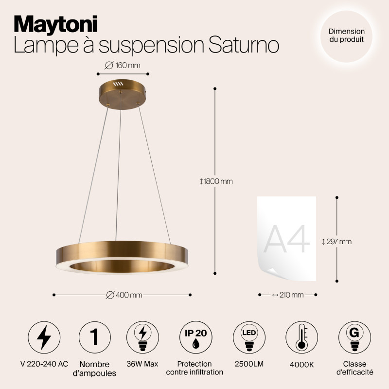 Светильник 40 см, 36W, 4000K Maytoni Saturno MOD415PL-L36BS4K, латунь