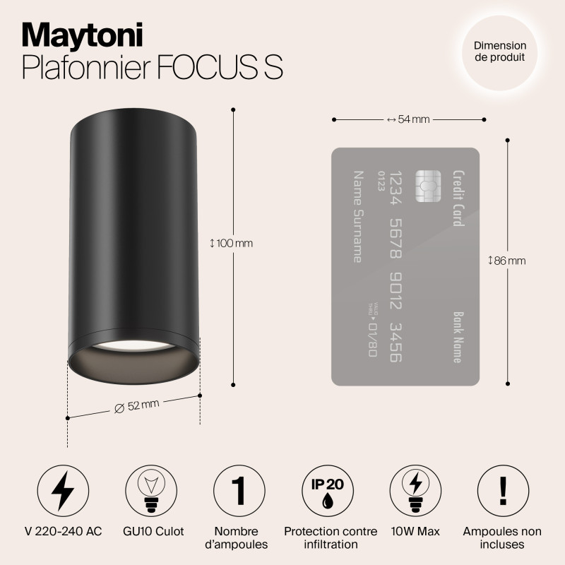 Светильник 5*5 см, GU10 10W, Maytoni Focus S C052CL-01B, черный