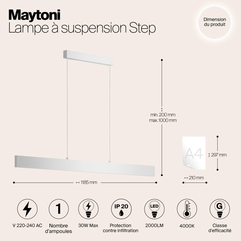 Светильник LED 120 см, 30W, 4000K Maytoni Step P010PL-L30W4K, белый