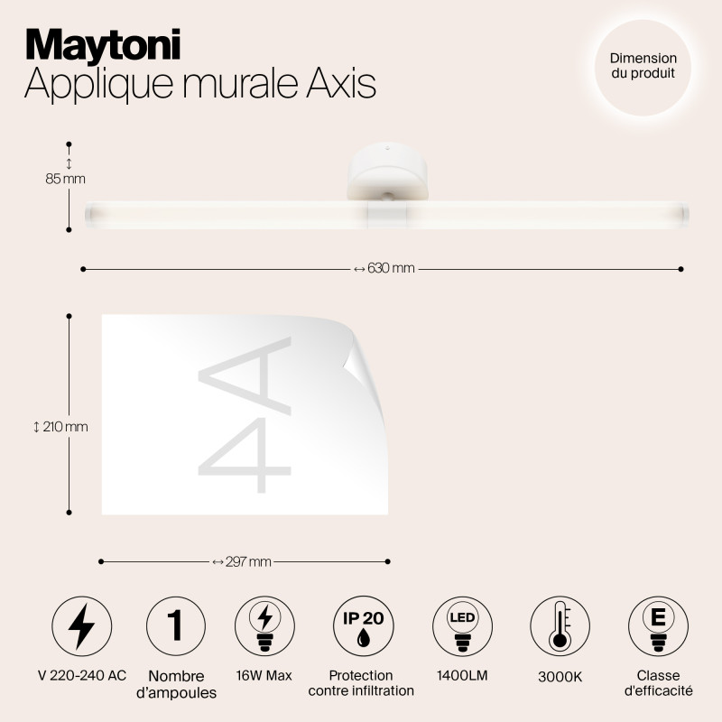 Бра 60 см, 16W, 3000K, Maytoni Axis MOD106WL-L16W3, белый