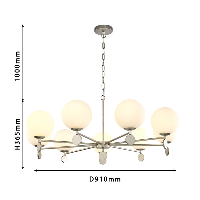 Подвесная люстра Favourite Absolute 2929-9P, D910*H365/1540, античного серебра, плафоны из стекла цвета опала, люстру можно монтировать плафонами вверх или вниз