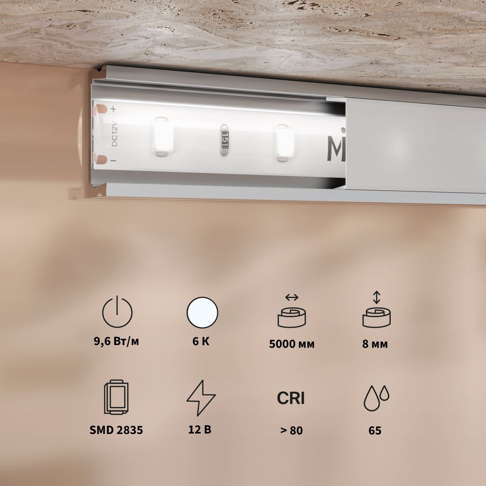 Светодиодная лента Base 12В 2835 9,6Вт/м 6000K 5м IP 65 201176 Maytoni Technical, цена за метр, катушкой по 5 м
