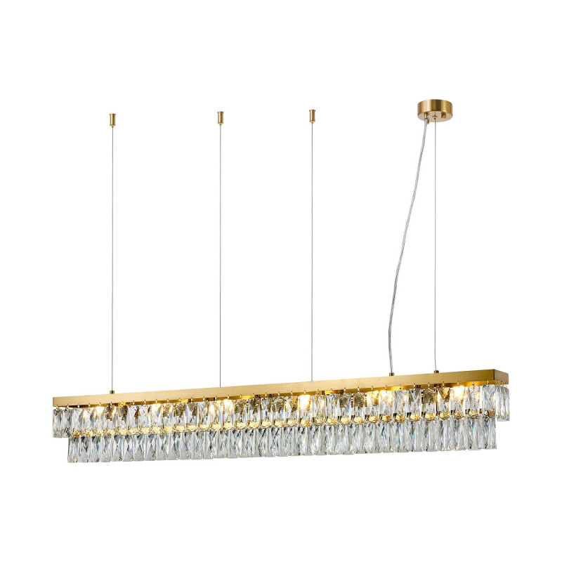 Подвесная люстра Favourite Magnitudo 4090-6P, L1200*W120*H175/1175, прямоугольный золота, плафон состоит из прозрачного хрусталя оригинальной формы, часть каркаса фиксируется тросиками для баланса