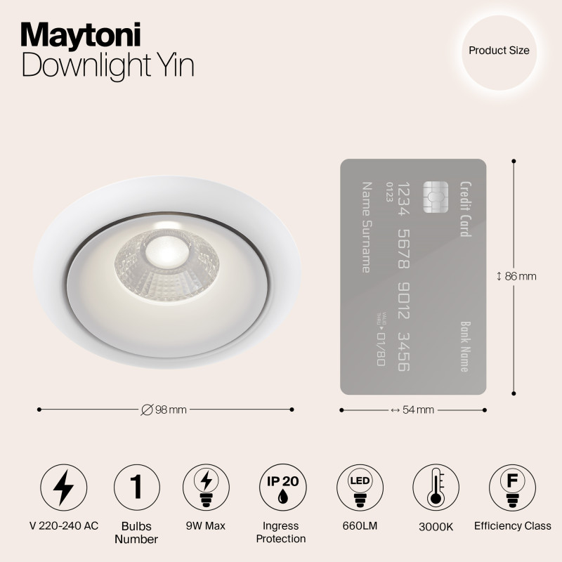 Встраиваемый светильник 10 см, 8W, 3000К, белый, теплый свет, Maytoni Zoom DL031-2-L8W, светодиодный