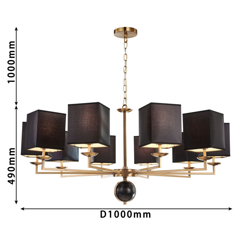 Подвесная люстра Favourite Diva 2822-10P, D1000*H490/1555(H580/1645), античная латунь, плафоны из черной ткани, декор - имитация черного мрамора, каркас можно монтировать как вверх, так и вниз плафонами.