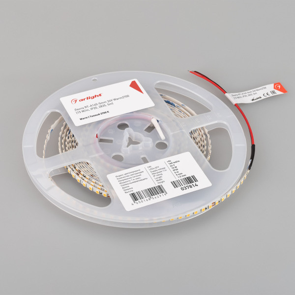 Лента RT-A160-5mm 24V Warm2700 (15 W/m, IP20, 2835, 5m) (Arlight, Открытый) 037814. Цена указана за 5 метров. Продается кратно 5 метрам.