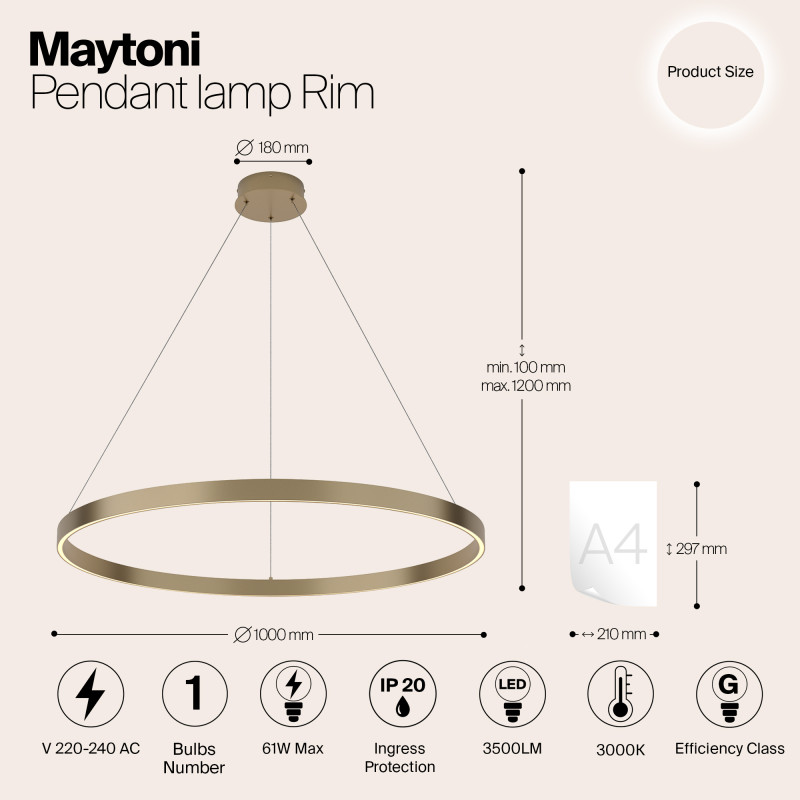Светильник 100 см, 61W, 3000K Maytoni MOD058PL-L54BS3K, латунь