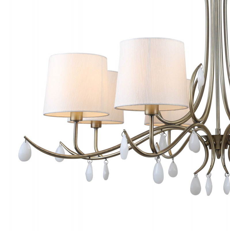Подвесная люстра Favourite Castellum 2769-8P, D1010*H630/1630, античная латунь, плафоны из ткани кремового цвета, декоративные элементы в виде подвесок из белого стекла