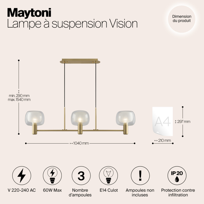Светильник 104 см, Maytoni Vision MOD411PL-03G, золото