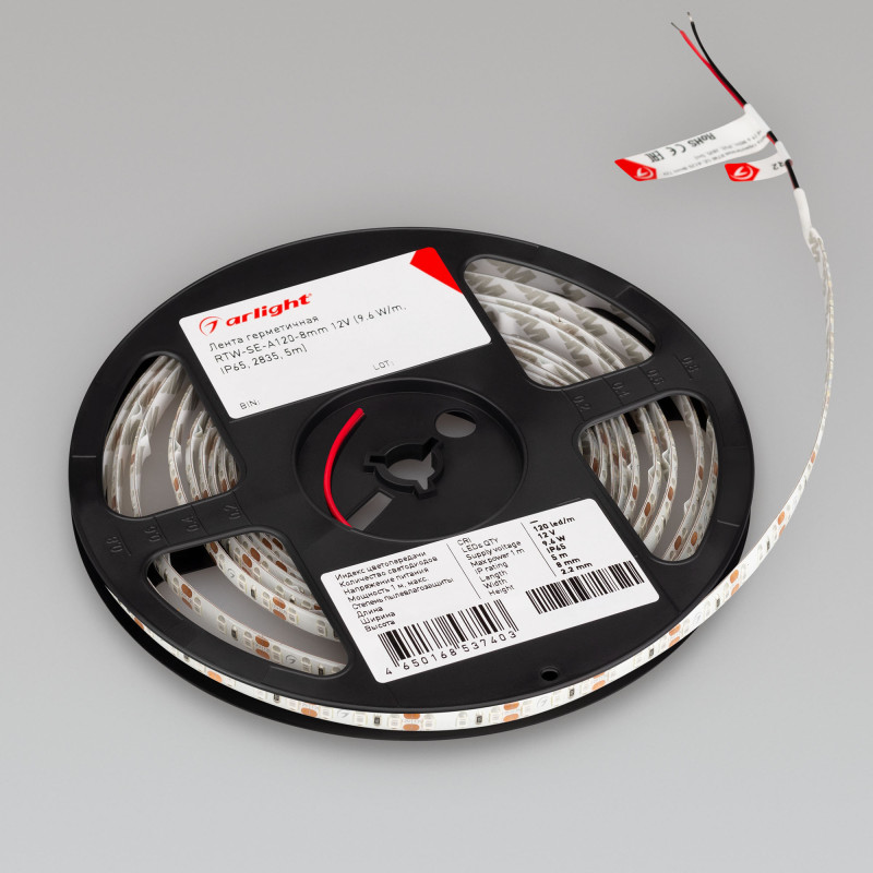 Лента герметичная RTW-SE-A120-8mm 12V Red (9.6 W/m, IP65, 2835, 5m), Arlight 014880(2). Цена указана за 5 метров. Продается кратно 5 метрам.