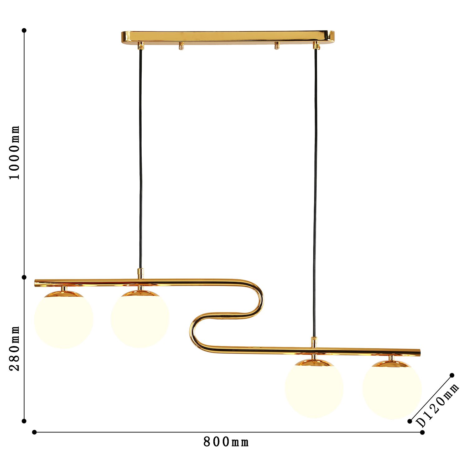 Подвесная люстра F-Promo Collana 4037-4P, L800*W120*H280/1280, каркас изогнутой формы цвета золота, плафоны из белого стекла