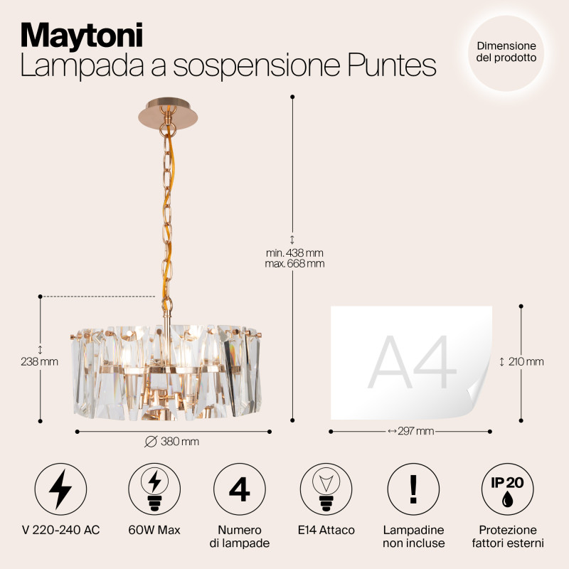 Подвесной светильник Maytoni Puntes MOD043PL-04G, диаметр 38 см, золото