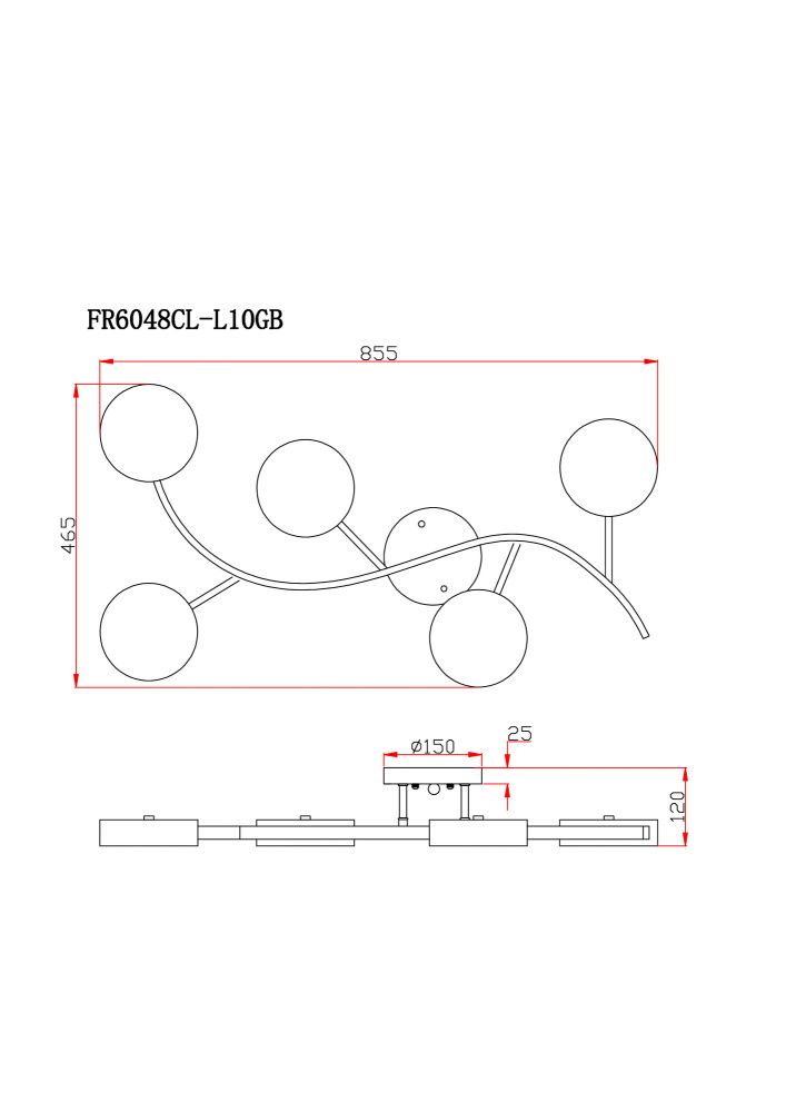 Светильник 85,5*46,5*12-12 см, 5*LED*10W, 4000K, Freya Тибо/Tibo FR6048CL-L10GB, Черный с Золотом